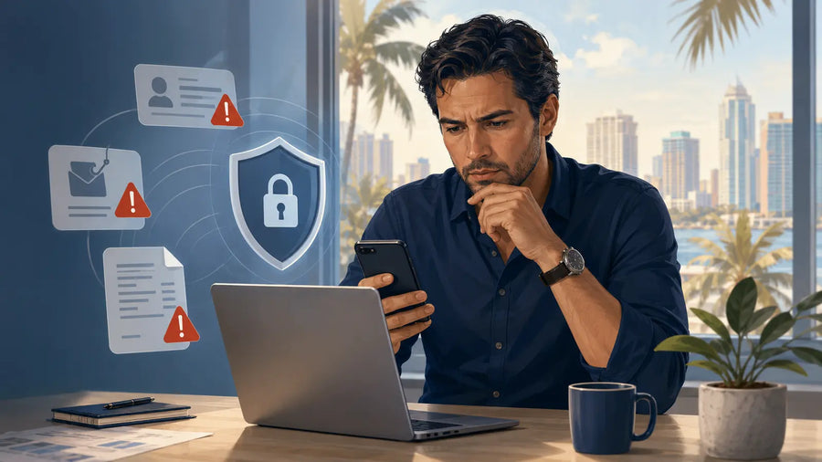 Dueño de pequeño negocio en Miami revisando alertas de fraude digital y phishing
