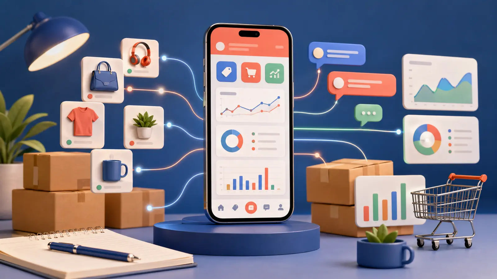 Centro de control móvil para organizar productos, mensajes, inventario y métricas de ventas en línea