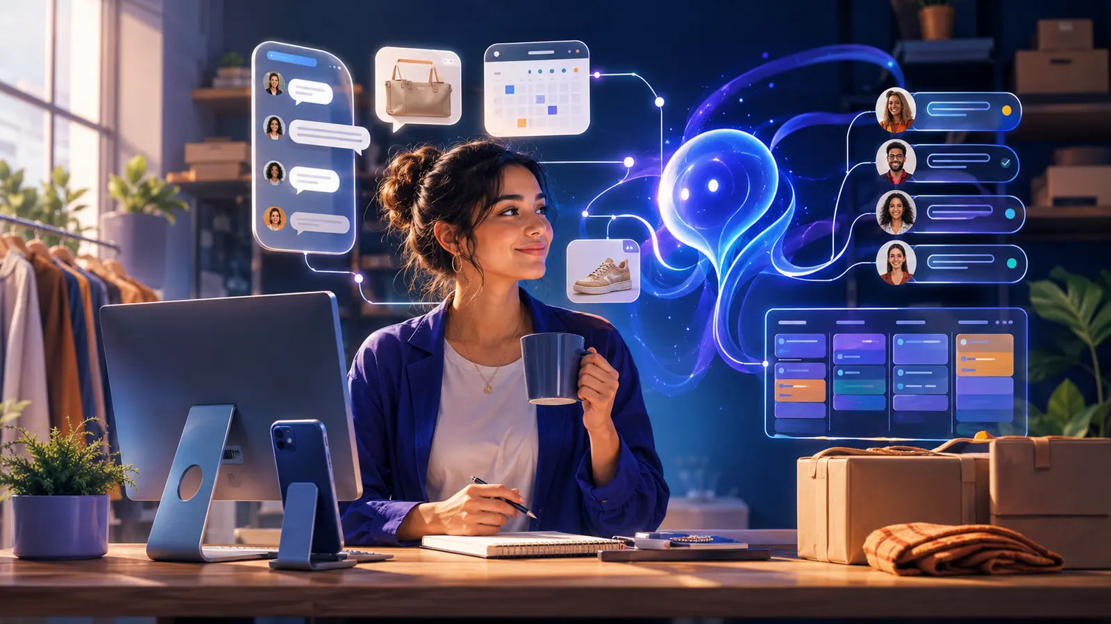 Dueña de un pequeño negocio usando un agente de inteligencia artificial para organizar mensajes, citas y ventas