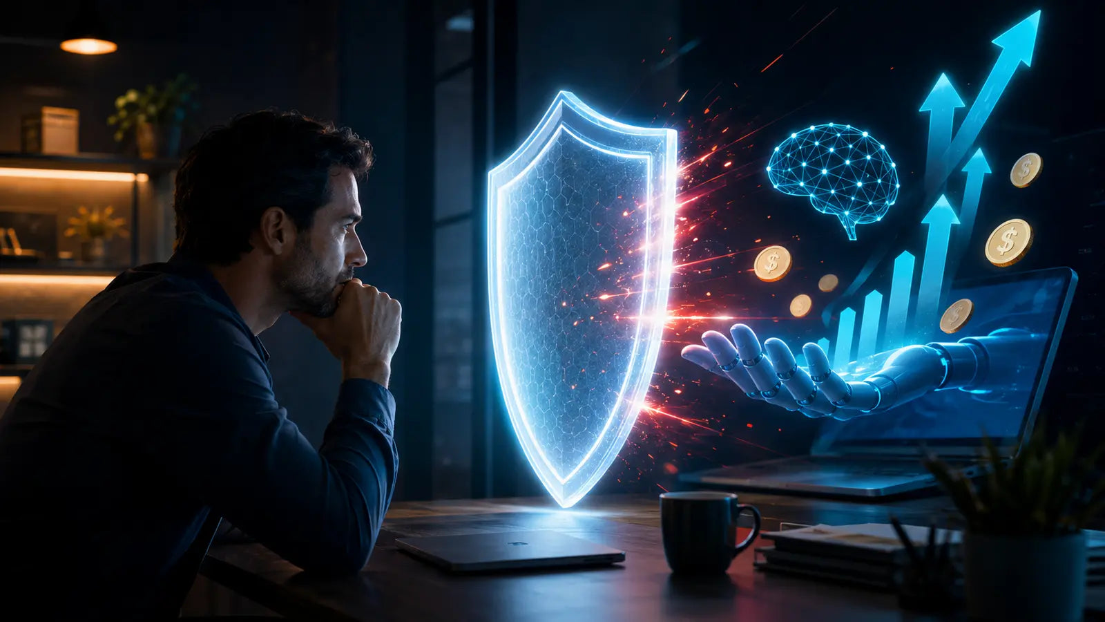 Dueño de un pequeño negocio evaluando con cautela promesas de ganancias hechas por una herramienta de inteligencia artificial