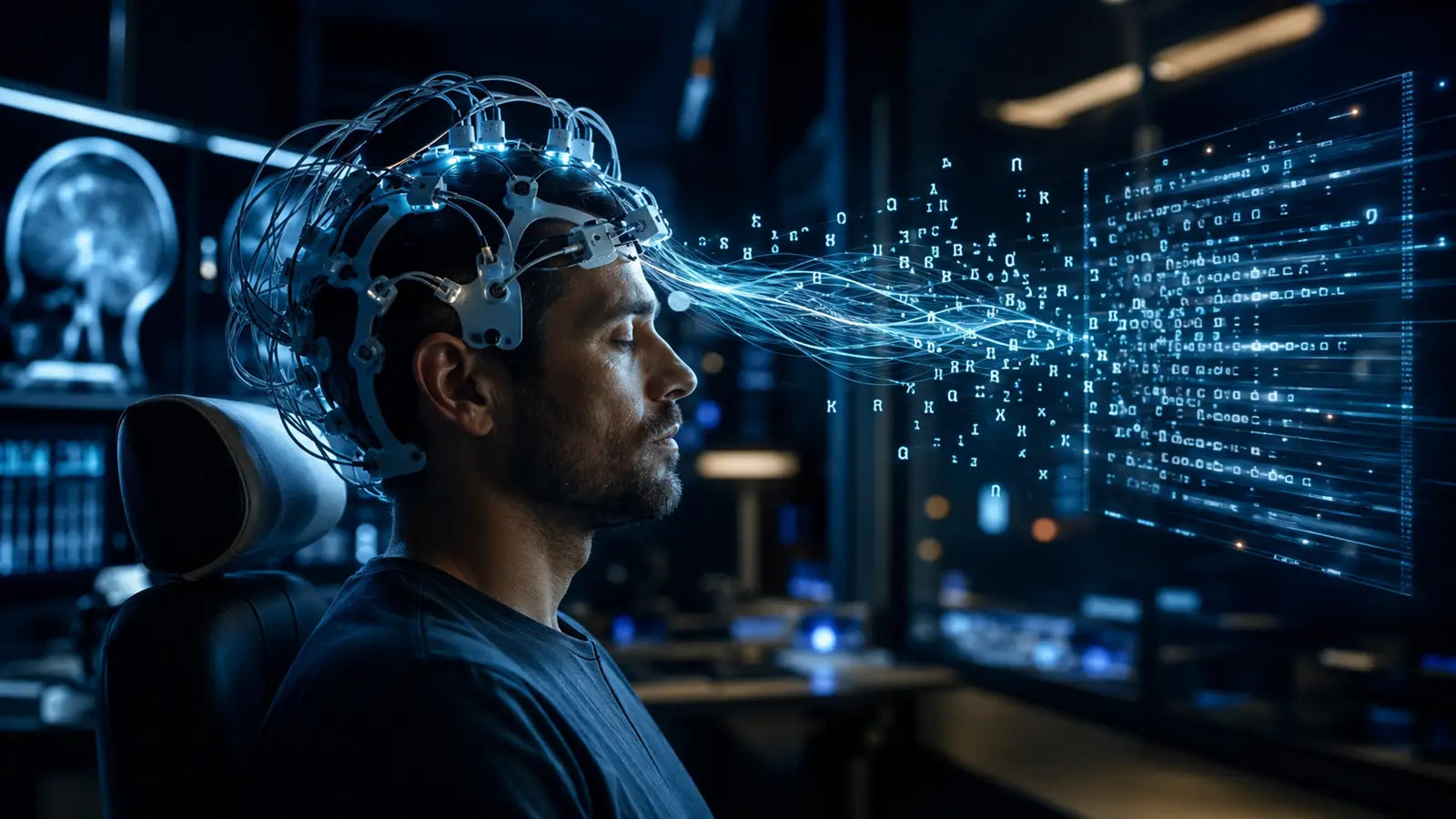 Persona usando un escáner cerebral no invasivo mientras una IA convierte señales cerebrales en texto