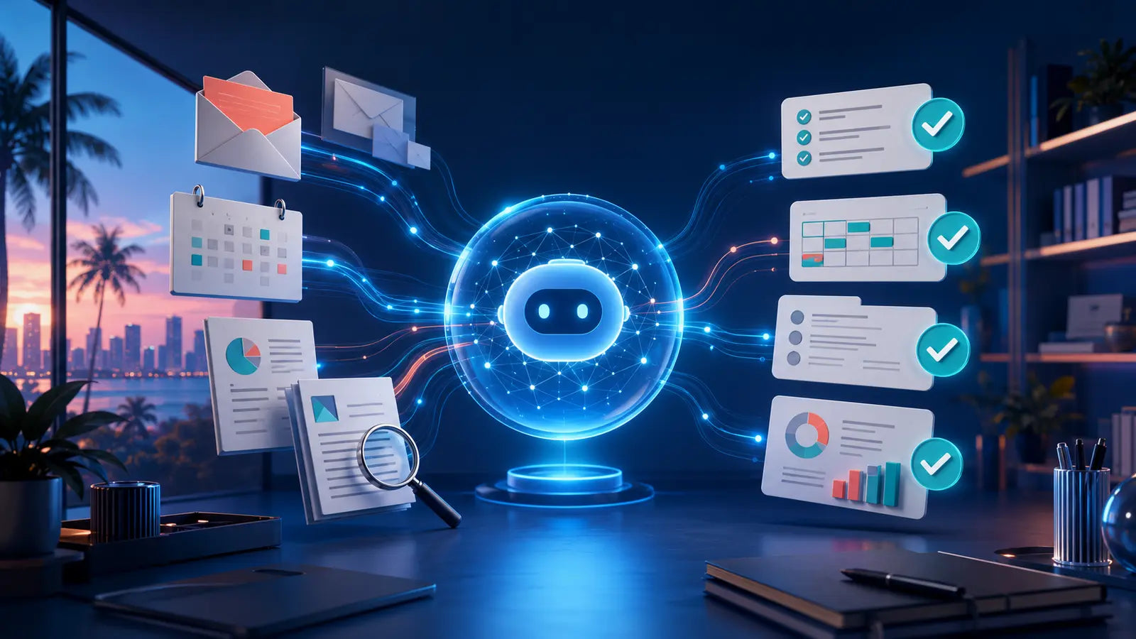 Asistente de inteligencia artificial coordinando correo, calendario, investigación y tareas de un pequeño negocio