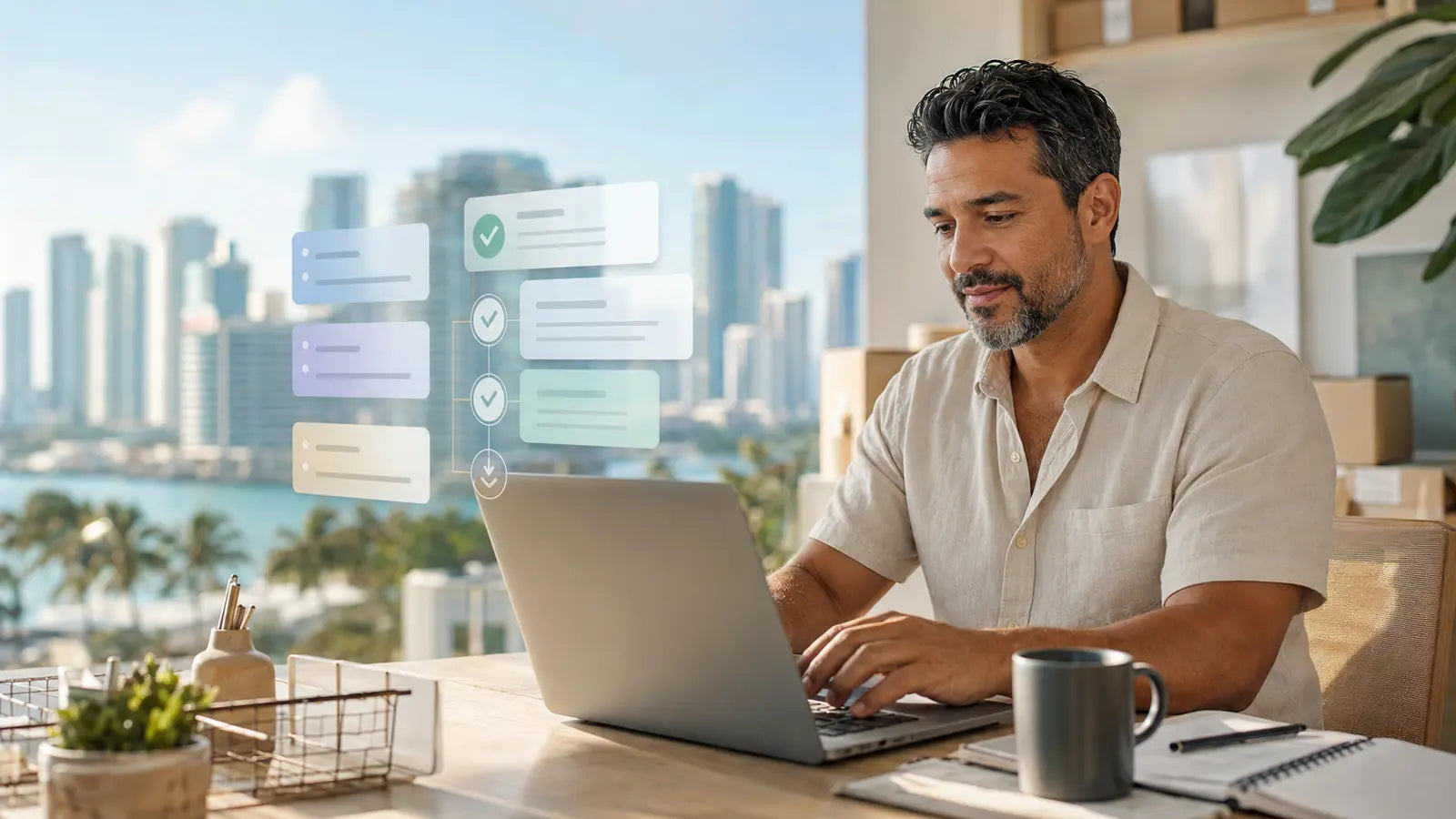Dueño de un pequeño negocio en Miami usando inteligencia artificial para organizar tareas