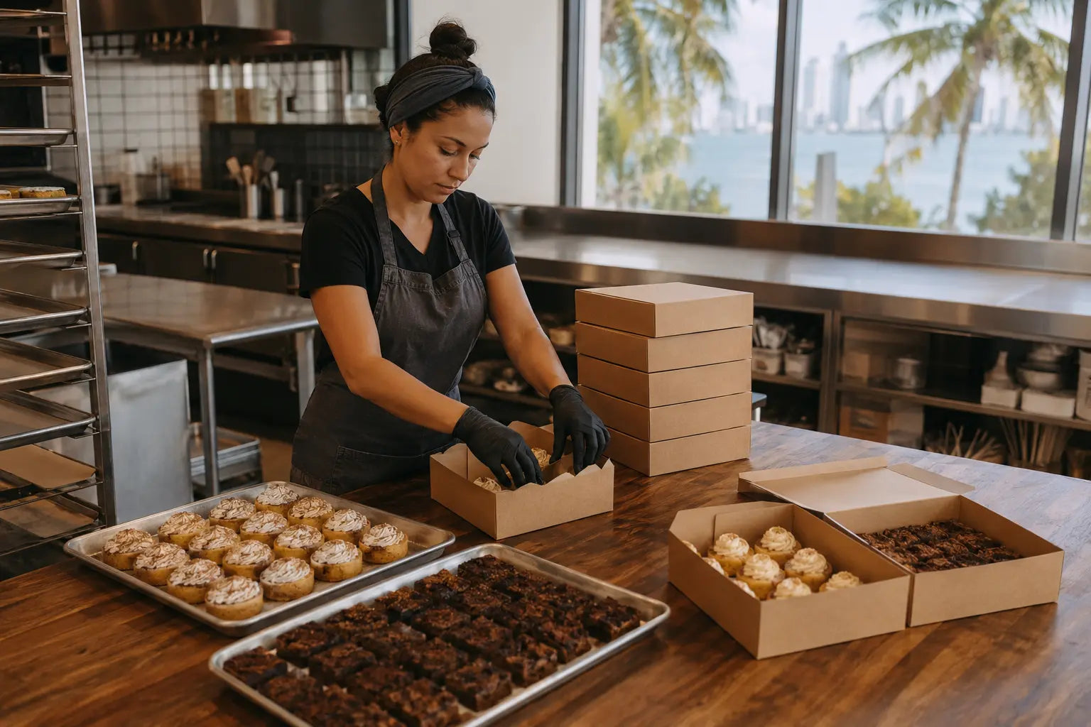 Preparación organizada de pedidos de postres para clientes comerciales