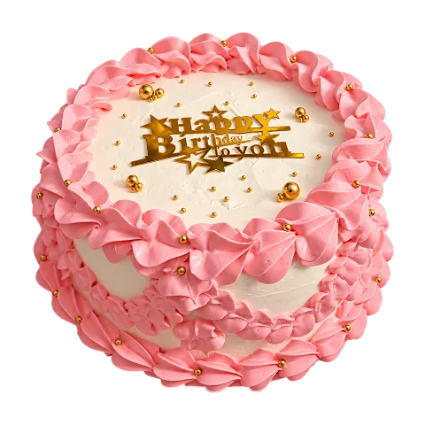 Cake Cubano personalizado con bordes de crema rosada, perlas doradas y letrero Happy Birthday, Will & Mill