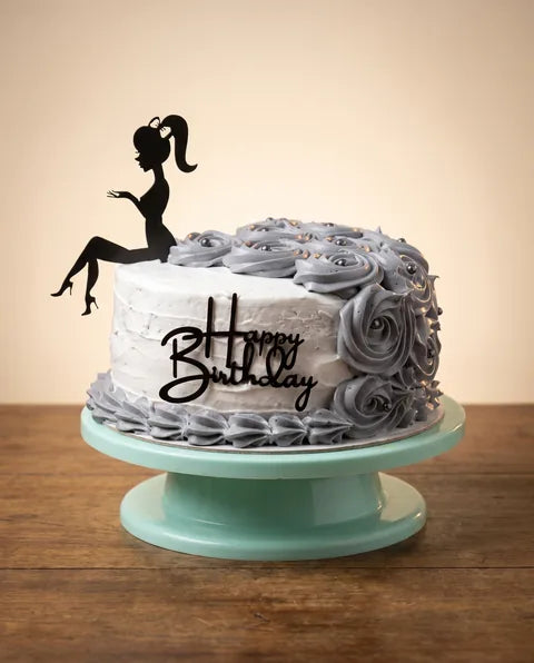 Cake personalizado con rosas grises, silueta y letrero Happy Birthday | Will & Mill Miami